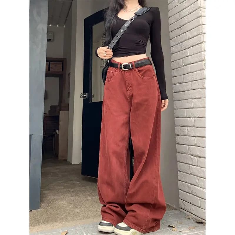 Jean à Jambes Larges pour Femme, Longueur au Sol, Rouge, Vintage, Chic, Assressentiavec Tout, Bas de