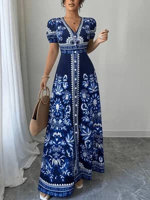 Robe longue bohème pour femme, imprimé floral bleu et blanc, col en V, manches courtes, fermeture bo