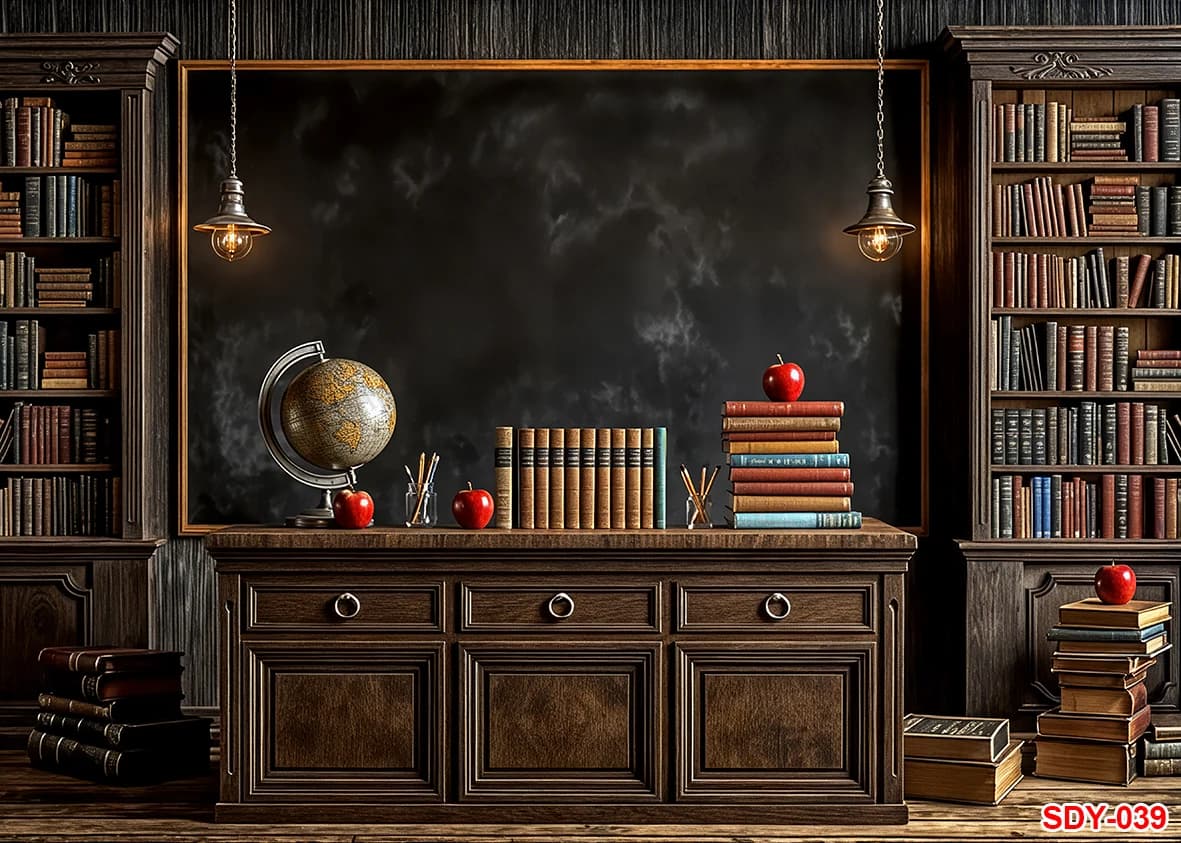 Décorations de rentrée scolaire pour la photographie : fond tableau noir, horloge, bibliothèque colo