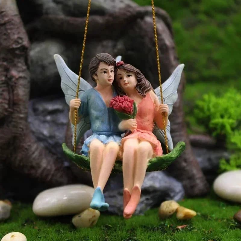 Statue de fleur de balançoire de couple romantique, micro paysage de jardin nickel é, décoration de