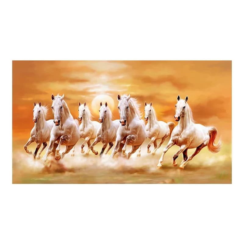 Art mural moderne et simple, 7 chevaux blancs au galop, paysage au coucher du soleil, impression sur