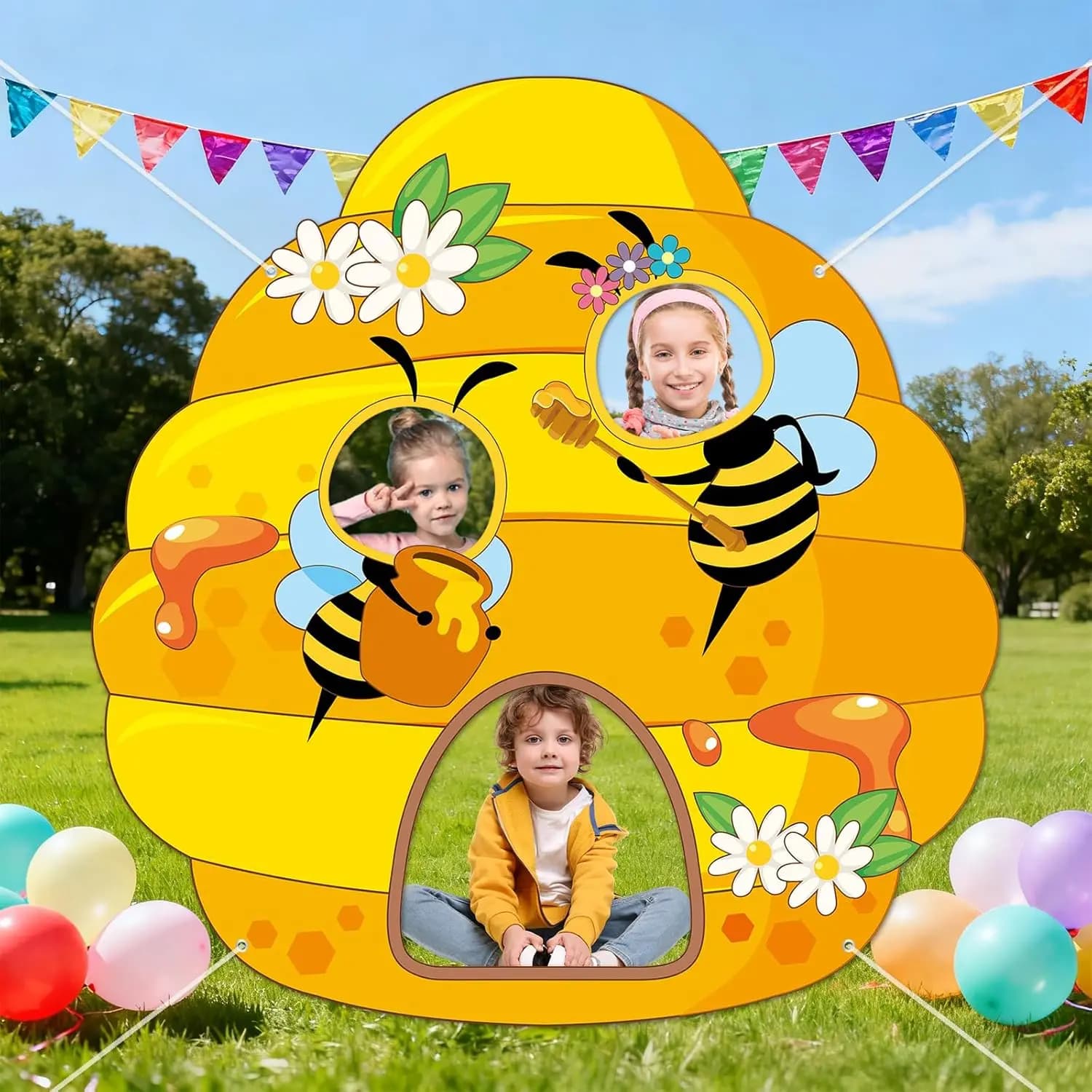 Décor de fête sur le thème des abeilles printanières : toile de fond photo en nid d'abeille pour ann