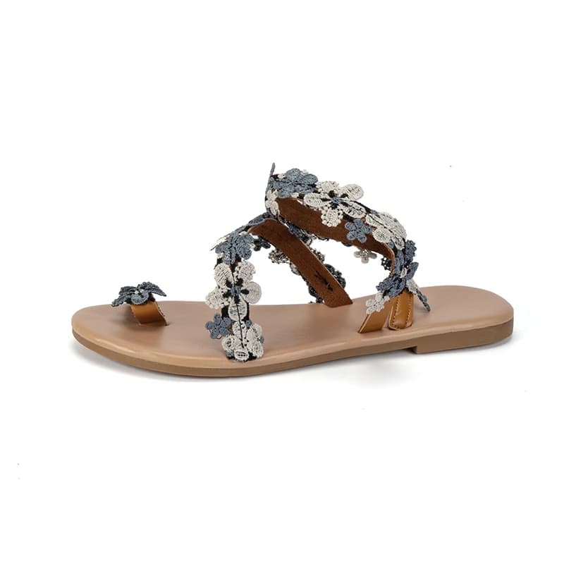 Sandales plates vertes à fleurs pour femme, style bohème, idéales pour les voyages et les vacances, 