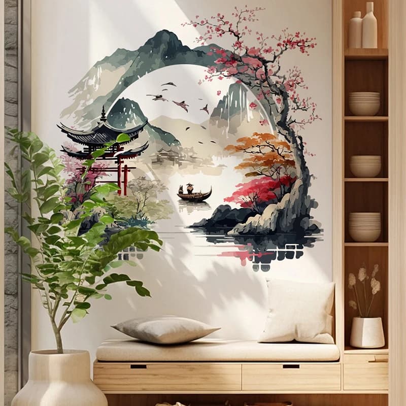 Peinture de paysage oiseaux montagne rivière autocollant mural fond maison chambre mur cuisine réfri