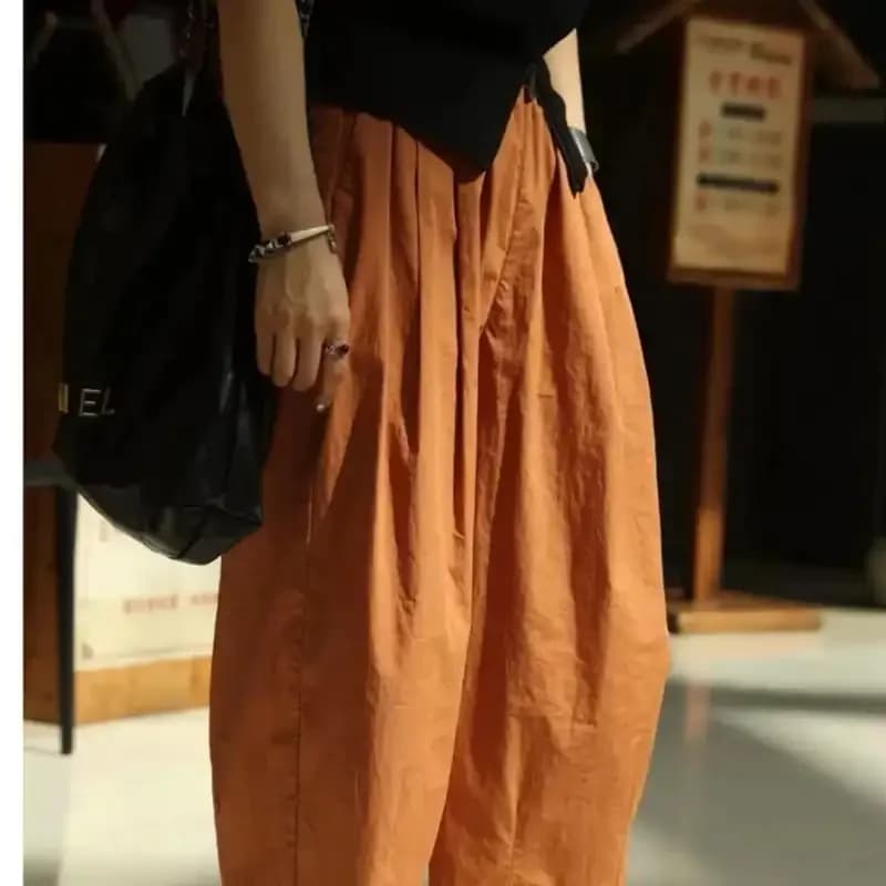 Pantalon lanternes décontracté pour femme, taille haute élastique, en coton délavé, coupe ample, lon