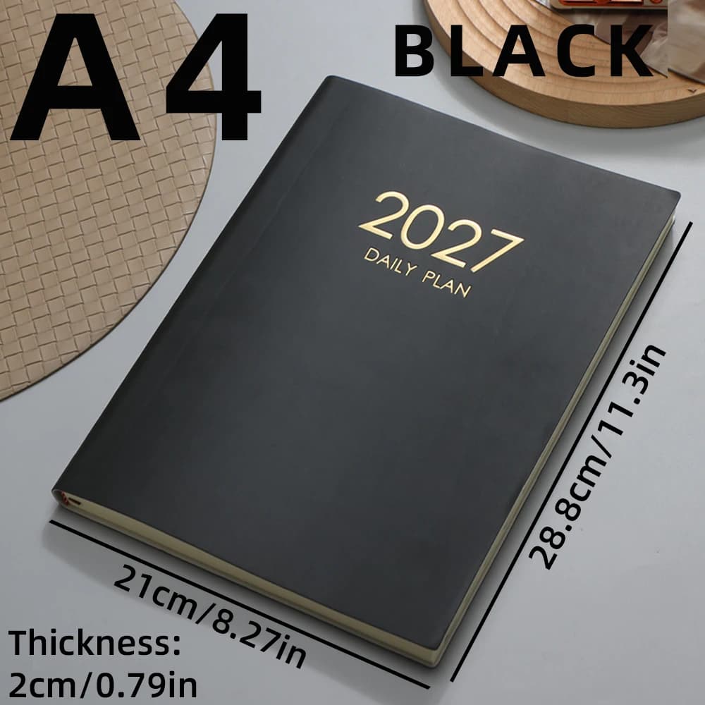 Agenda quotidien A4 2027, index mensuel, 180 feuilles, 360 pages, couverture rigide, calendrier annu