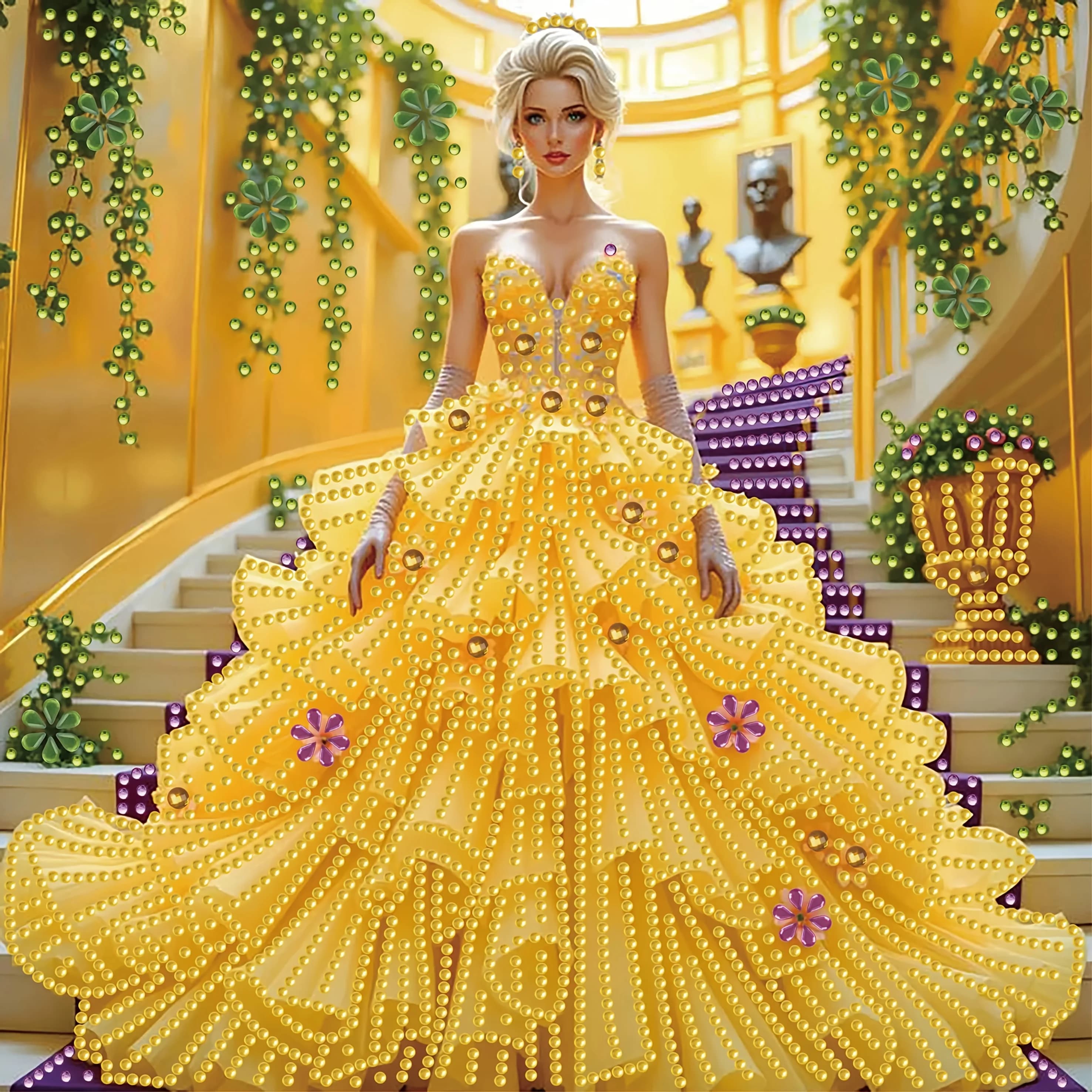 Ensemble de peinture diamant-scène élégante de femme en robe jaune sur les escaliers, décoration mur