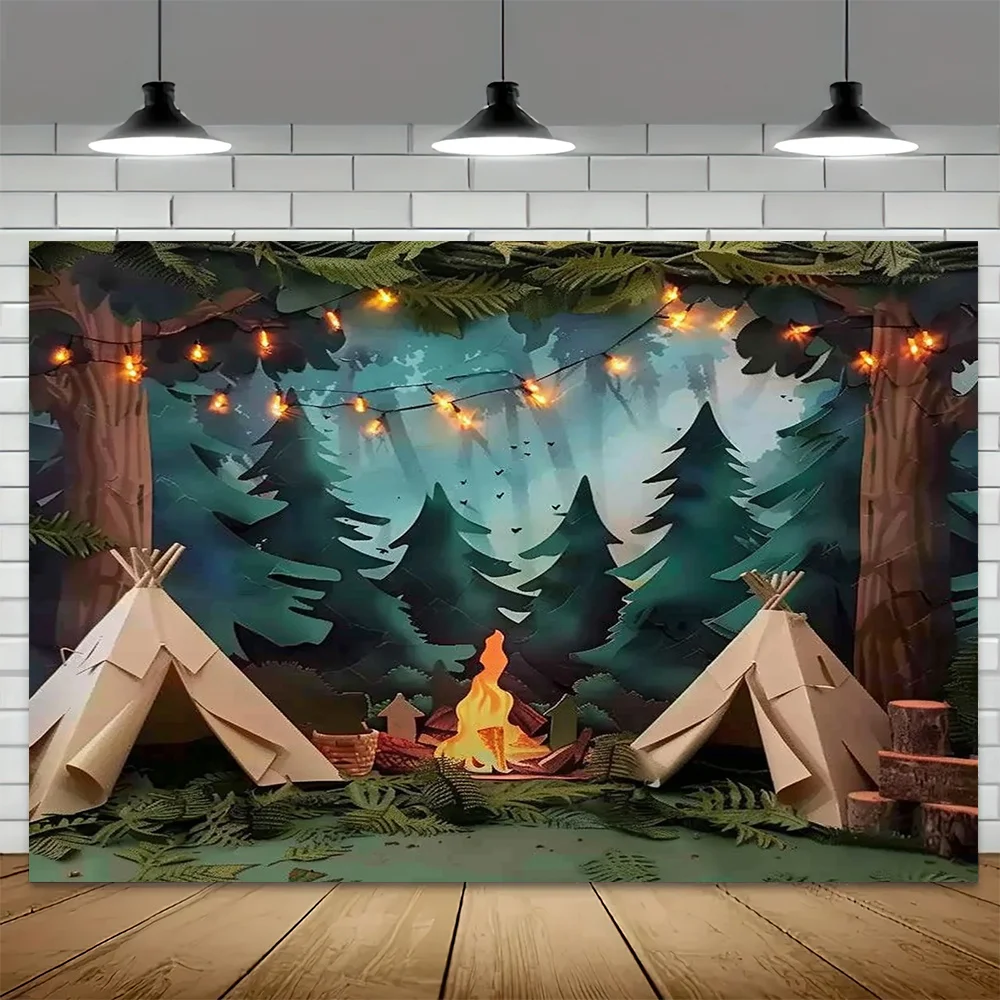 1 arrière-plan de camping pour photographie – Fond de fête sur scène forestière avec tente, foyer et