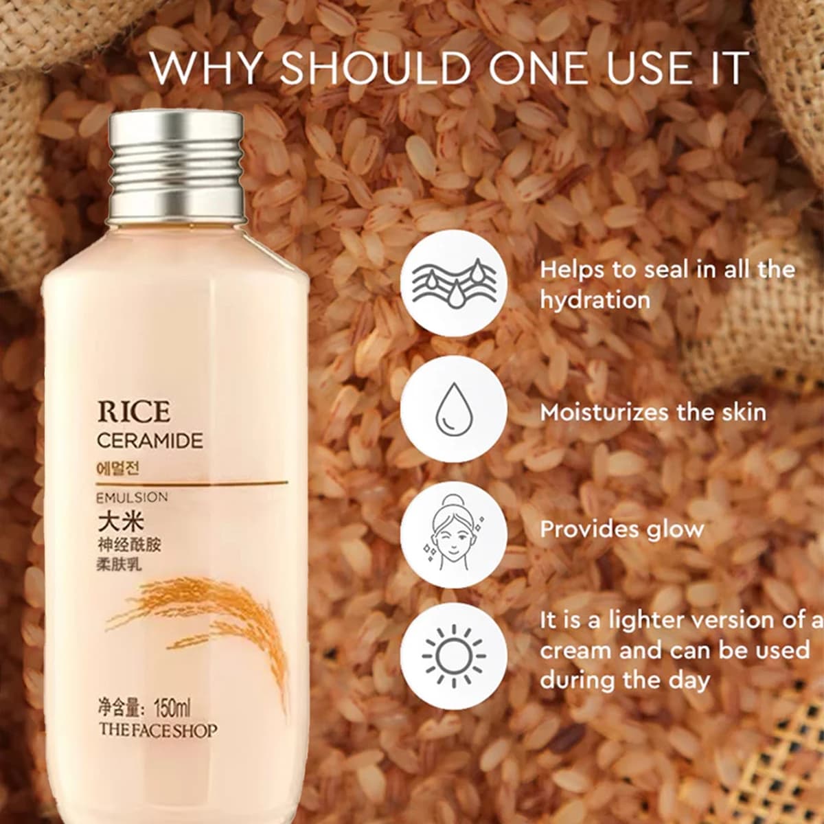 THE FACE SHOP Émulsion au Riz et Céramide 150ml, Texture légère, Hydratation intense, Soin coréen, K