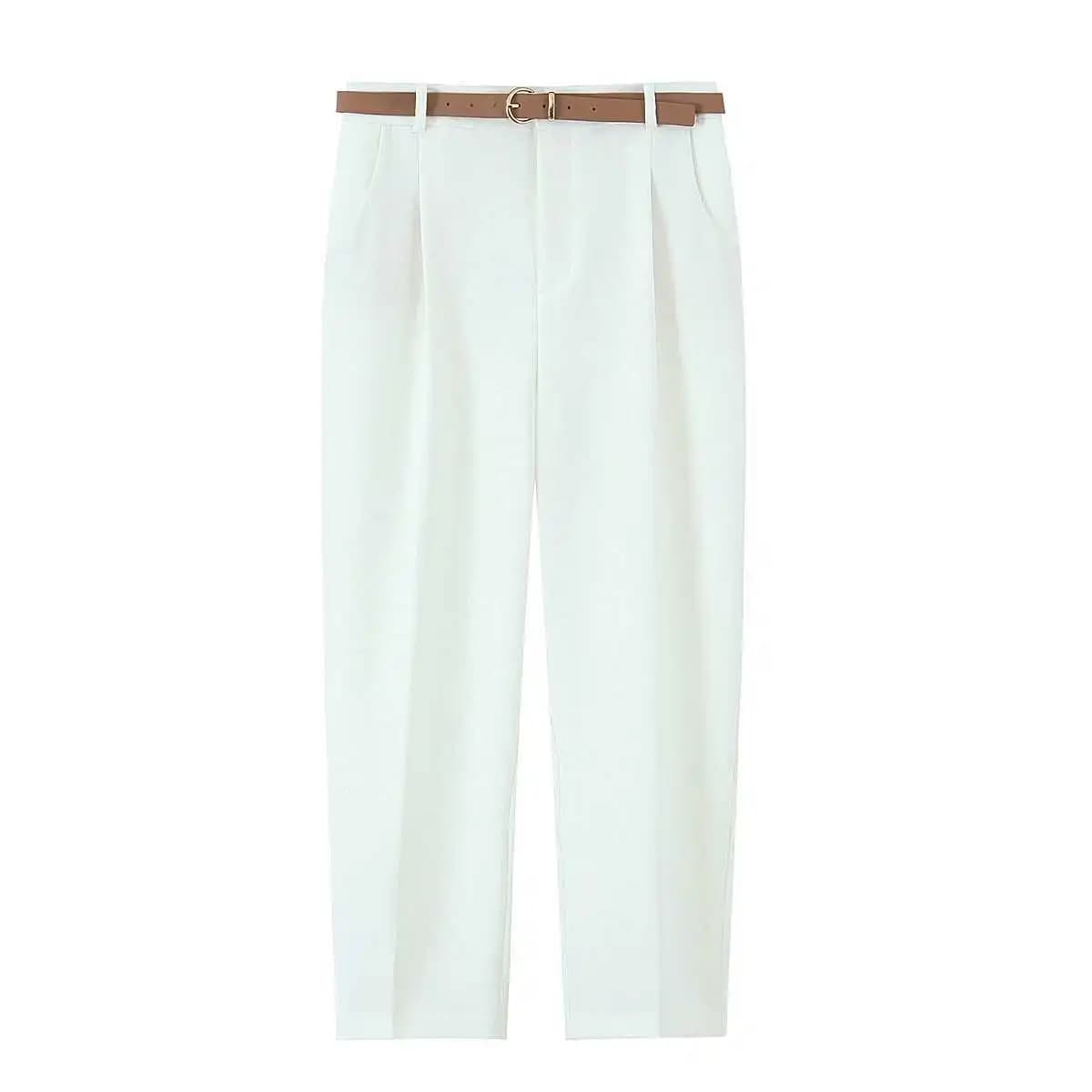 Pantalon décontracté taille haute pour femme, coupe droite, avec ceinture, style élégant d'été, en p