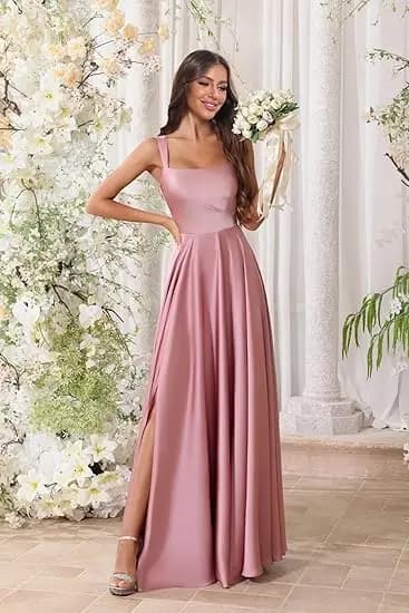 Robes de Demoiselle d'Honneur Rose Poudré Coupe A-line Bretelles Carrées Fente Latérale Corset Robes
