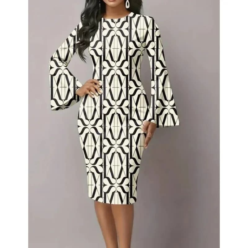 Robe élégante pour femmes à manches évasées, taille haute, moulante, motif tropical coloré, robe mid