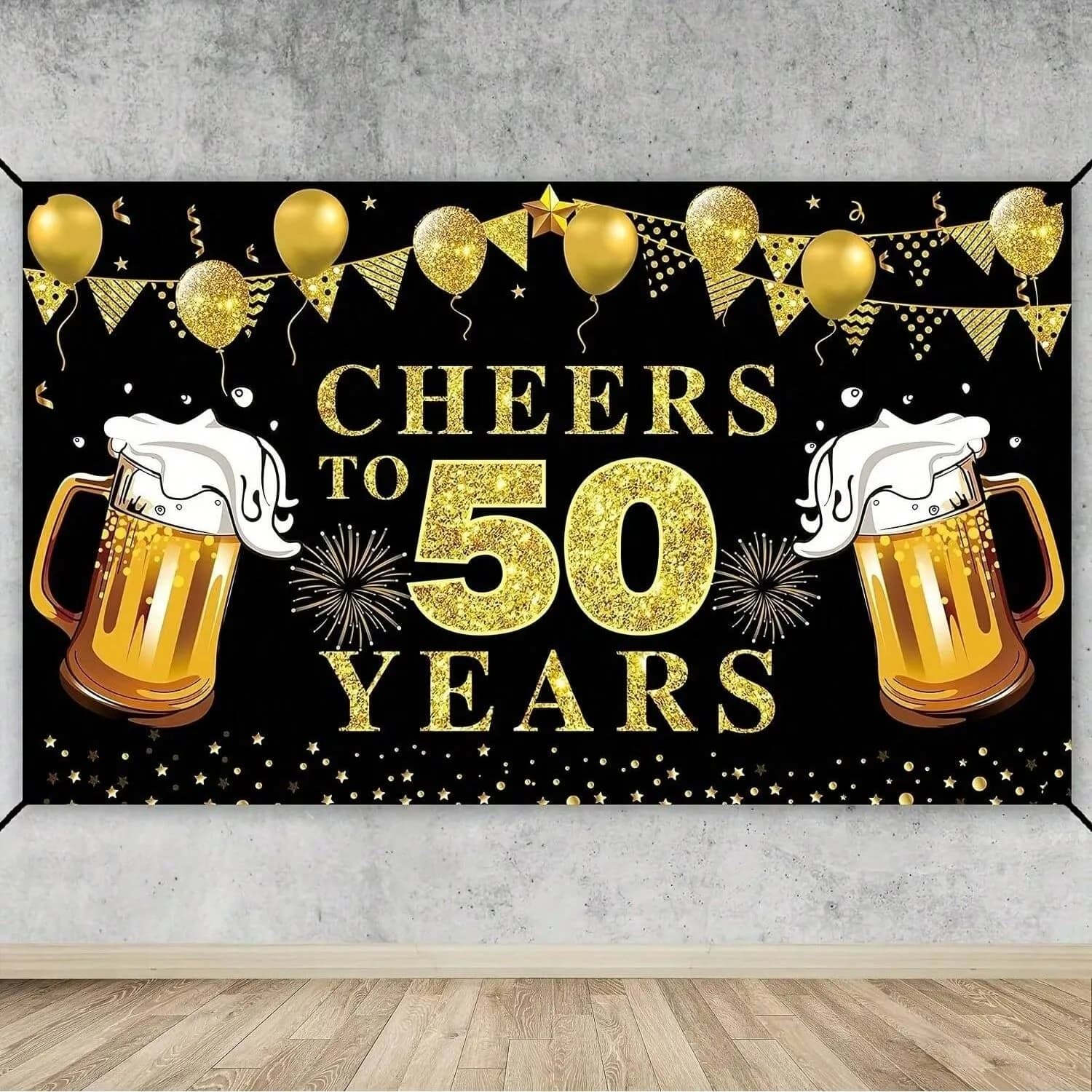 Toile de fond photographique sur le thème de la bière noire et dorée, décoration de fête d'anniversa