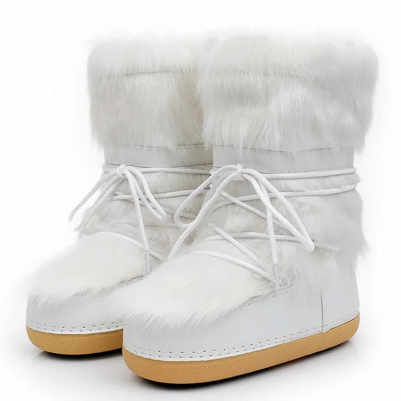 Bottes de neige moelleuses à lacets pour femmes, bottes de ski blanches, plate-forme de mollet moyen