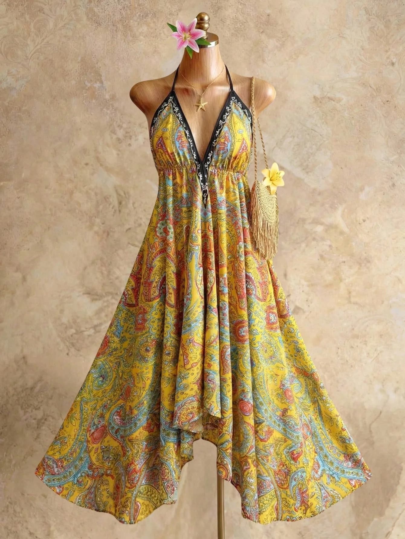 HLJ Fashion – robe longue bohème pour femmes, imprimé jaune, col licou, col en V profond, dos nu, ro