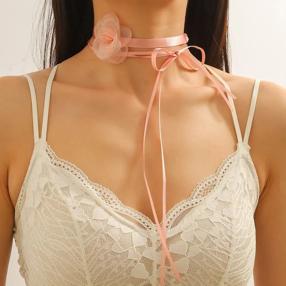 Ruban romantique Rose fleur tour de cou longue corde cou accessoires Rose collier ras du cou réglabl