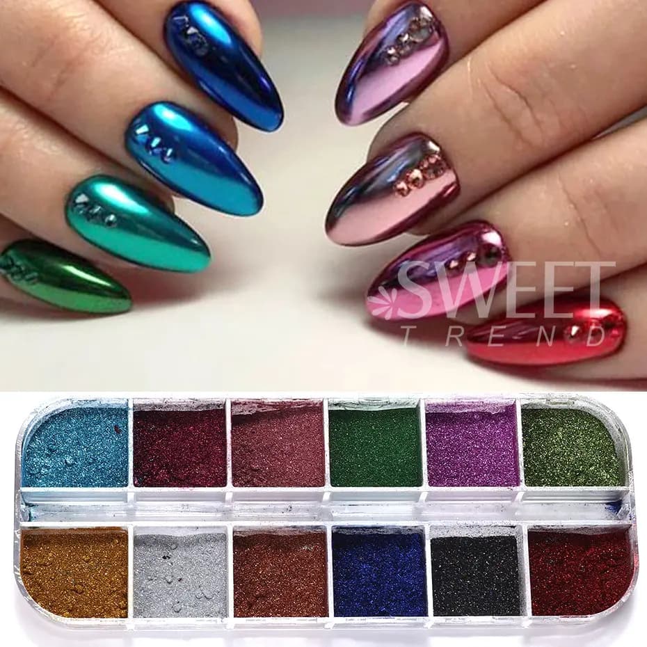 Poudre métallique pour ongles, 12 couleurs, Pigment holographique, miroir métallique, frottement fin