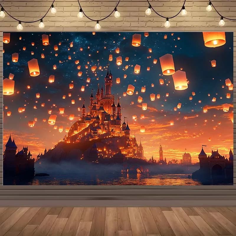 Fond fantastique château psychédélique et lanterne, 1 pièce, ciel nocturne vif rempli de lumière flo