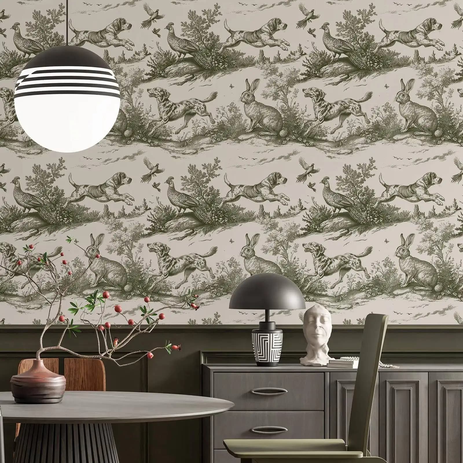 Papier peint à décoller et aux lapins et aux chiens, art mural classique de chasse au pays, décor de