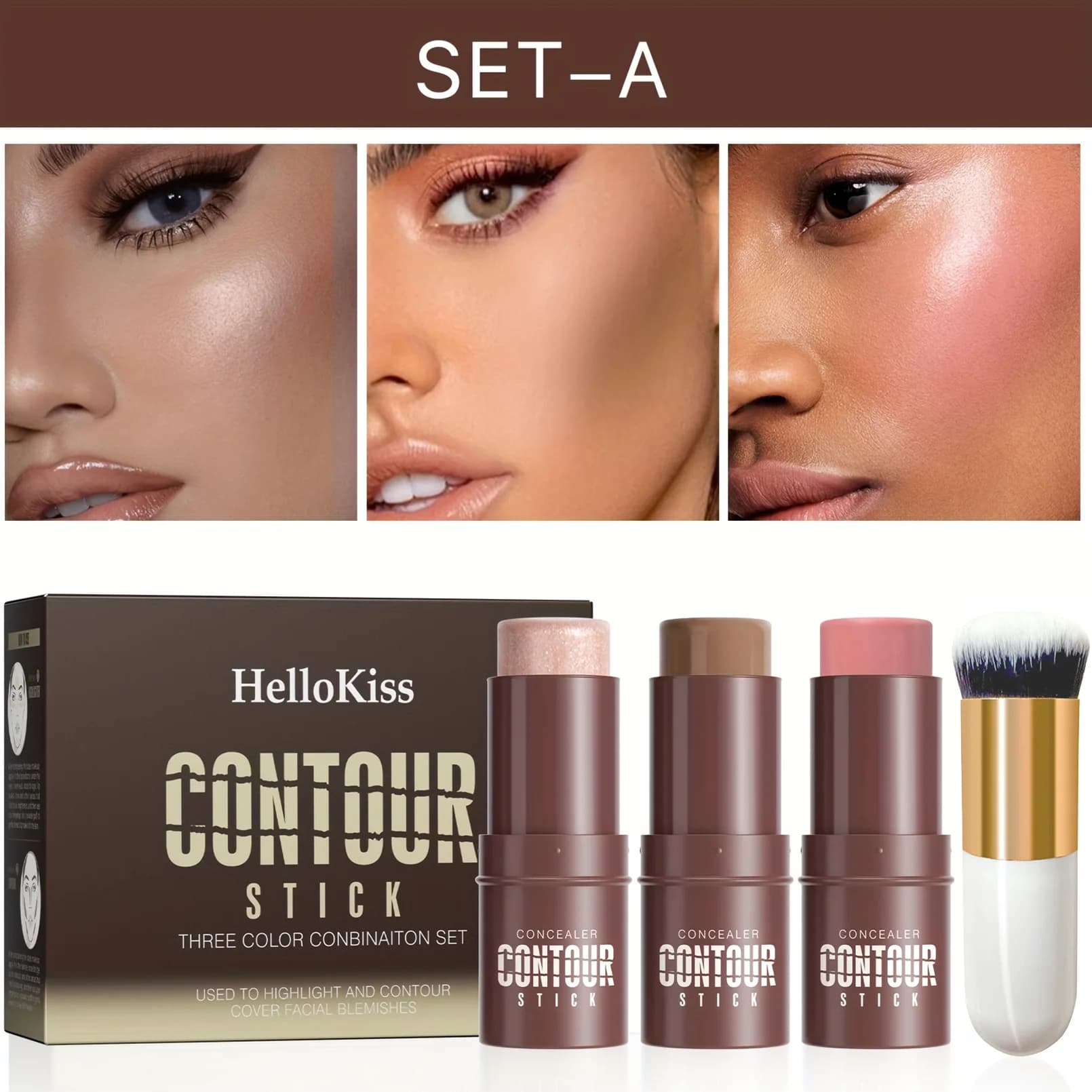 Bâton de Contour 4 pièces, bâton surligneur, bâton de Blush 4 pièces Kit de Contour crème avec bross