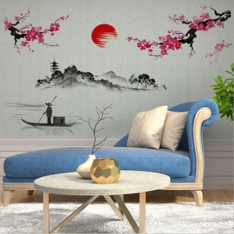 Style chinois Sakura japonais rose fleur de cerisier arbre décoration murale décalcomanies autocolla