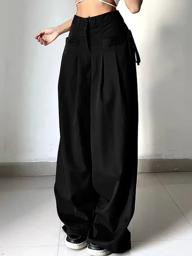 Pantalon à jambes larges pour femmes, décontracté, taille haute, basique, ample, coréen, rétro, gris