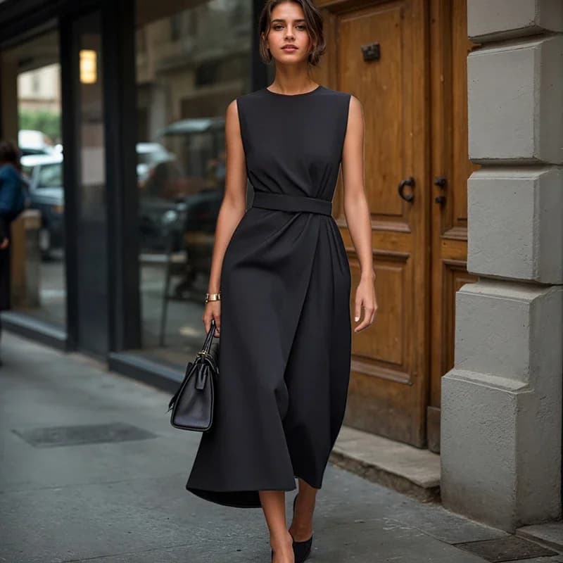 Robes longues de bureau pour femmes, couleur unie, col rond, sans manches, taille haute irrégulière,