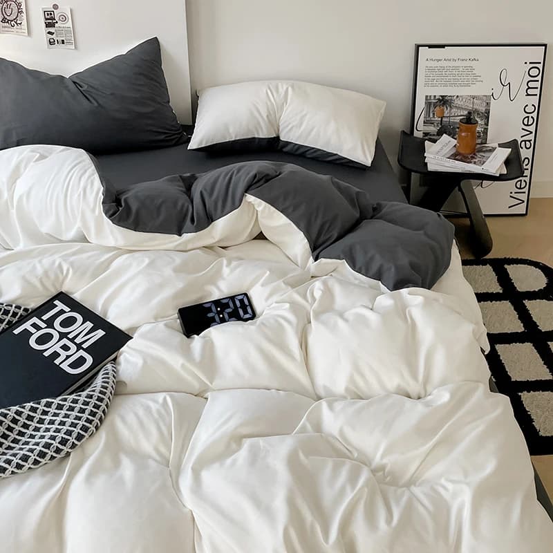 Parure de lit japonaise en polyester uni, housse de couette + drap + taie d'oreiller, toutes saisons