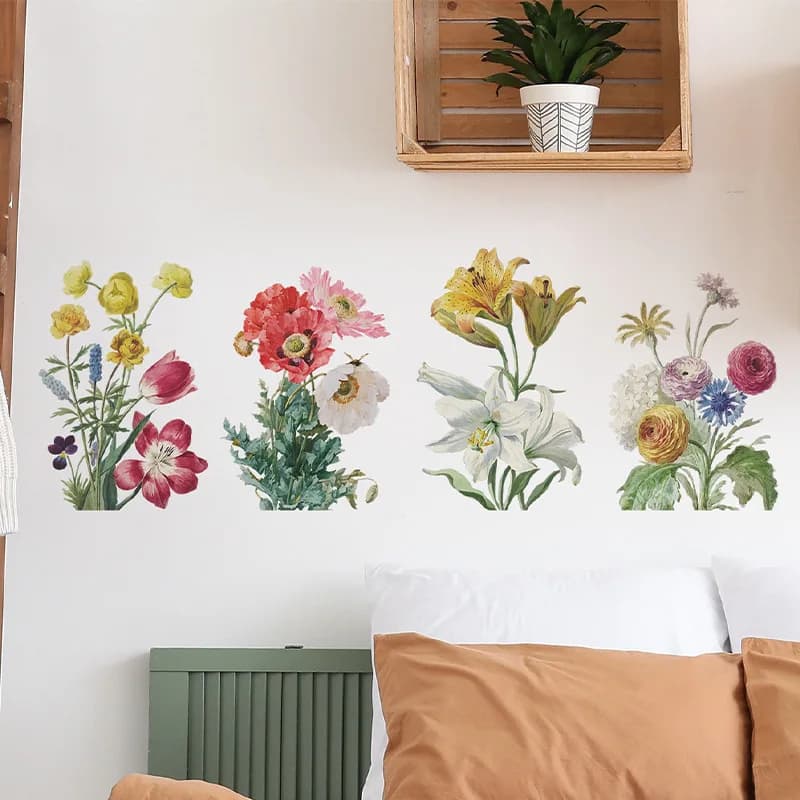 Autocollants muraux en aquarelle avec fleurs et plantes, papier peint décoratif pour salon, chambre 