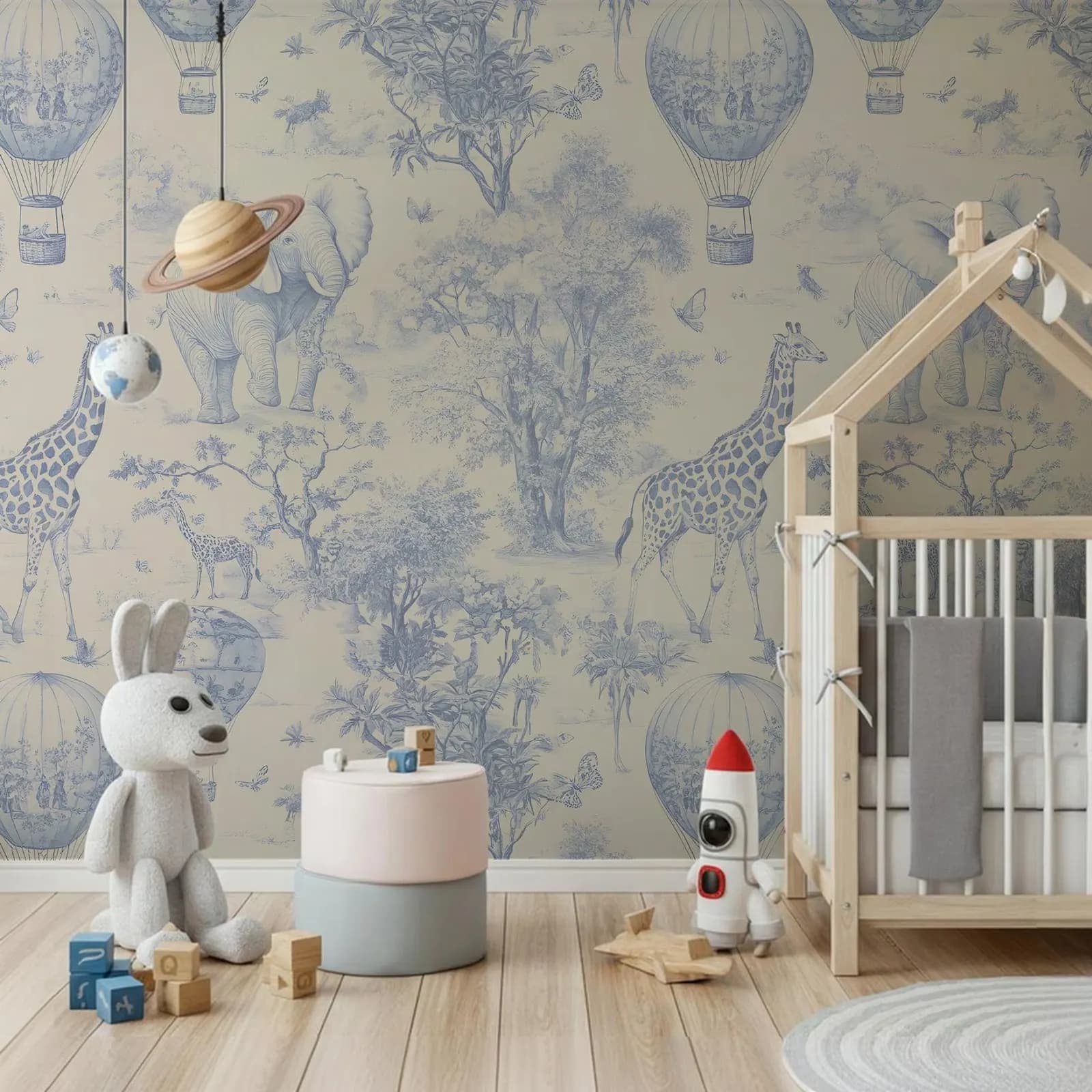Papier peint Toile bleu, papier peint bleu et blanc Animal Woodland pour chambre d'enfant et chambre