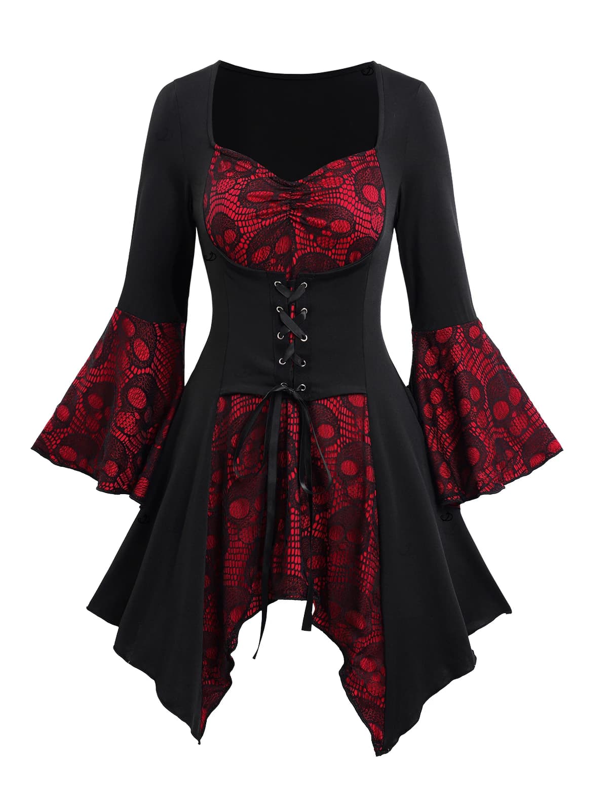 Dressfo nouveau haut gothique pour femme pour Halloween Colorblock crâne à lacets mouchoir ourlet co