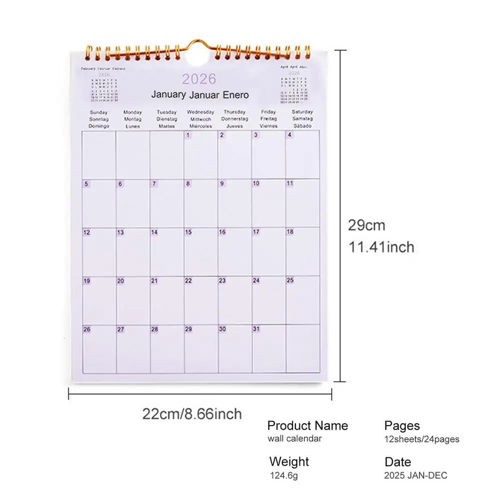 Calendrier 2025 2025-2026, planificateur à bobine multilingue, organisateur d'agenda, planification 