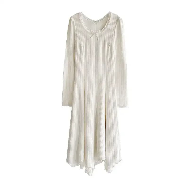 Robe longue en crème pour femmes à manches longues, corsage côtelé, jupe fluide avec bordure en dent