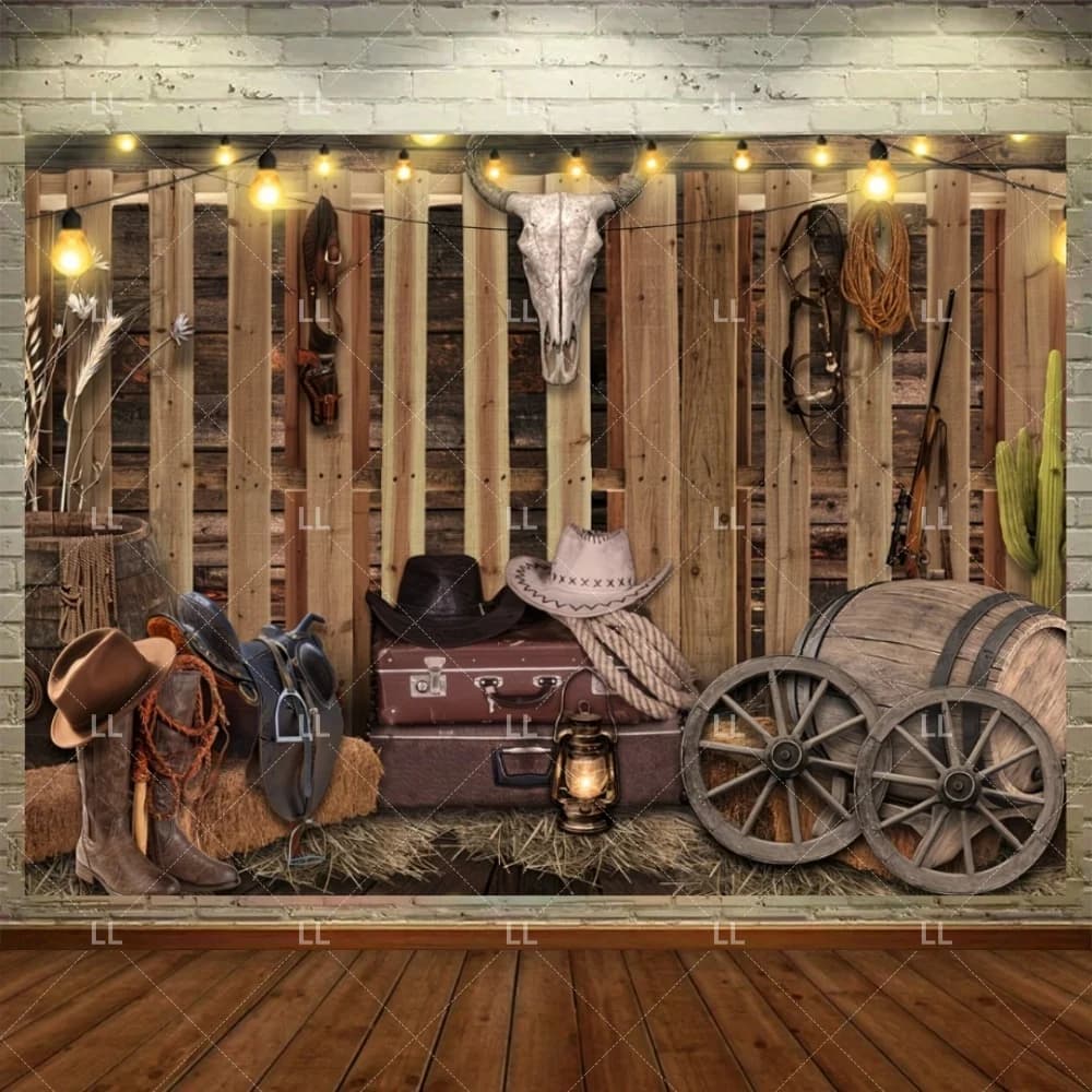 Décor de fond vintage style western cowboy pour fête d'anniversaire, avec motifs de ferme rustique, 