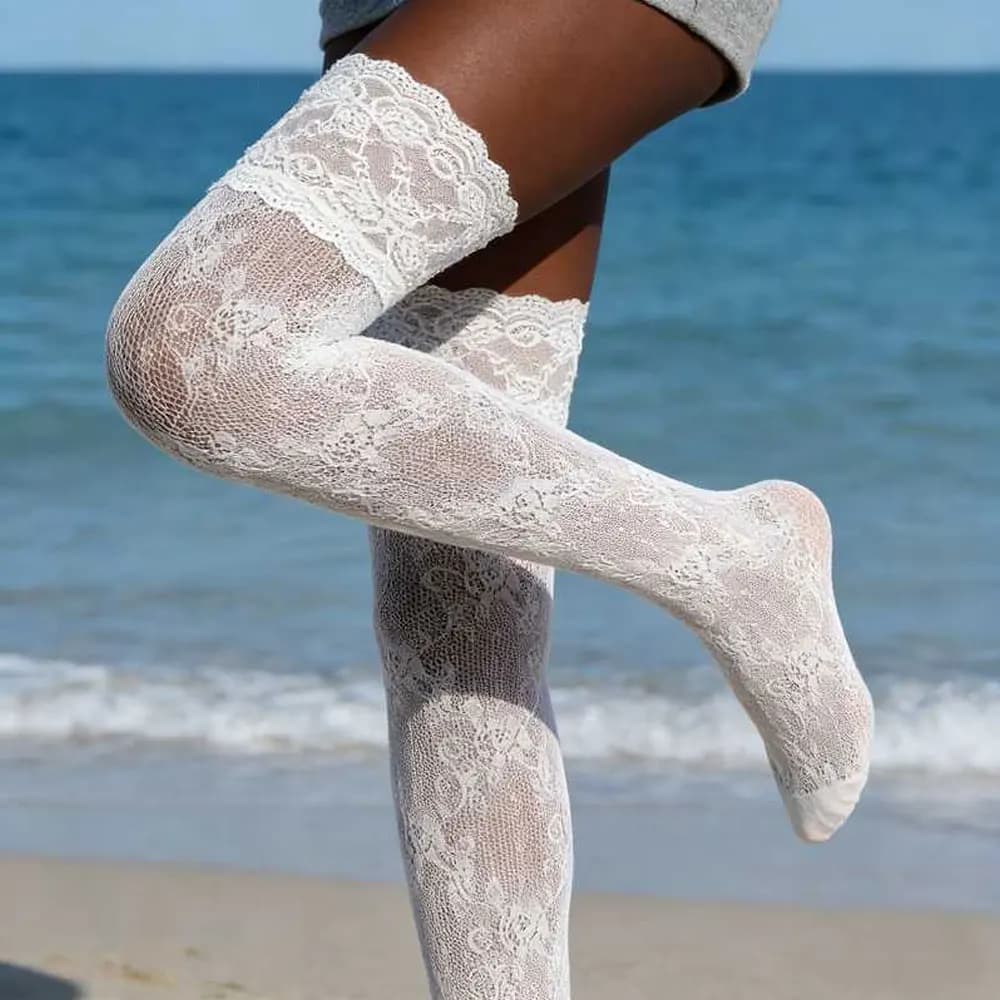 1 paire de bas au-dessus du genou pour femme avec dentelle et motif rayé, bas au-dessus du genou élé