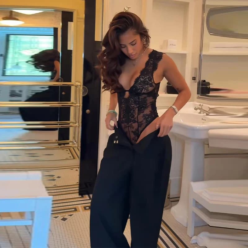 Body en dentelle pour femme, vêtements sexy, sans manches, col en V profond, maille transparente, él