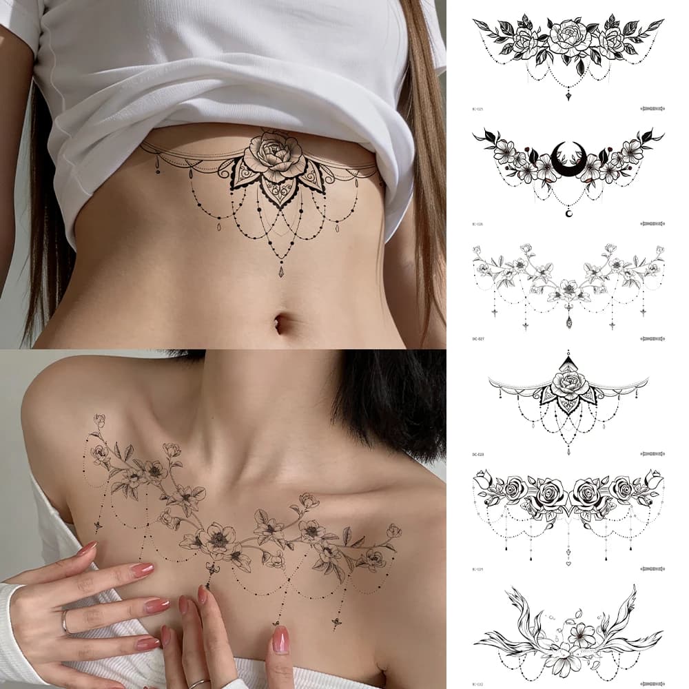 6 autocollants de tatouage floraux sexy, série sombre, tatouages floraux haut de gamme pour hommes e