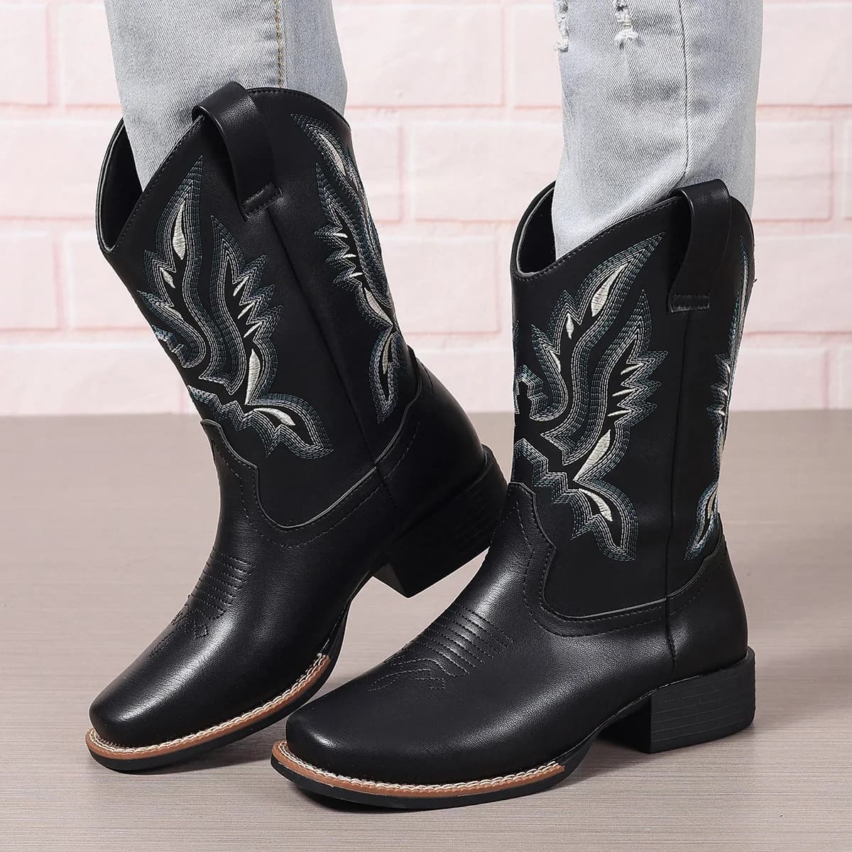 Femmes mi-mollet bottes femme chaussures 4 cm bas talon carré broderie pays botte femmes 2025 automn