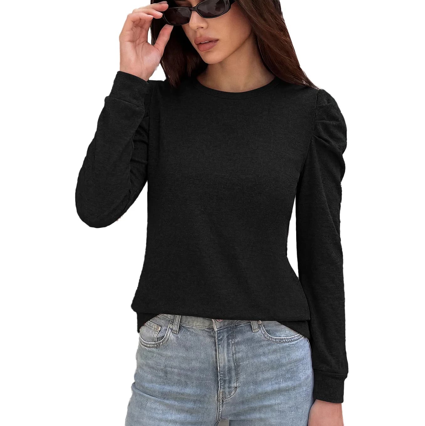 T-shirt à manches longues bouffantes pour femmes, col rond, couleur unie, ample, décontracté, basiqu
