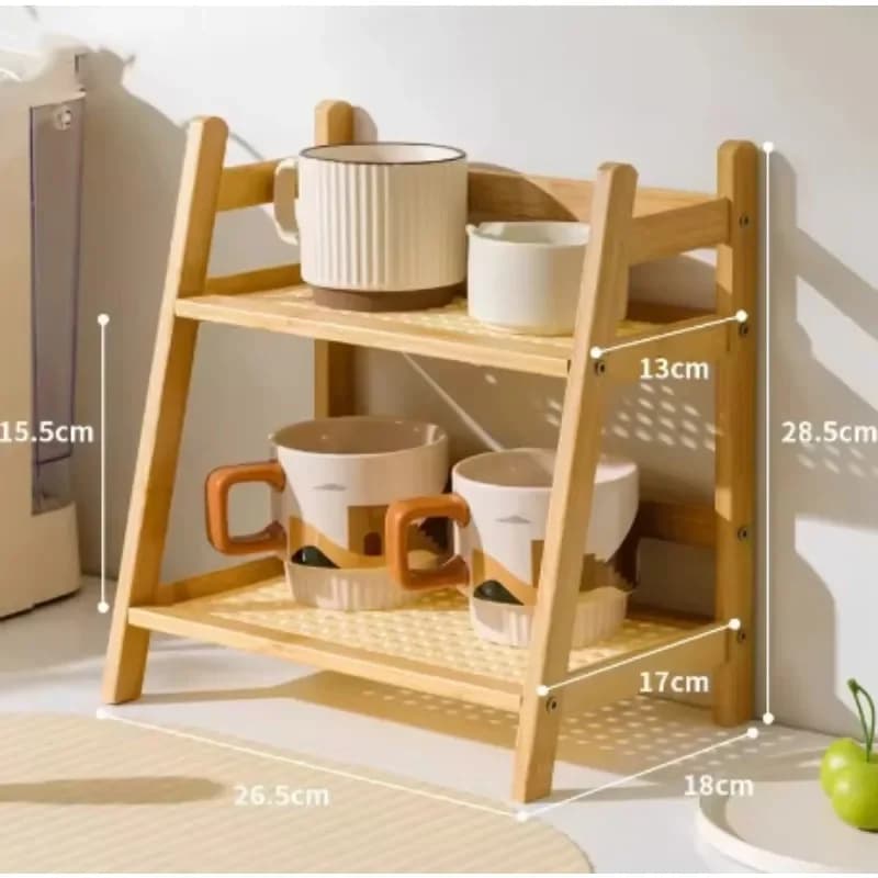 Étagère de rangement à 2 niveaux style crème, organiseur de bureau imitation rotin pour cuisine, sal