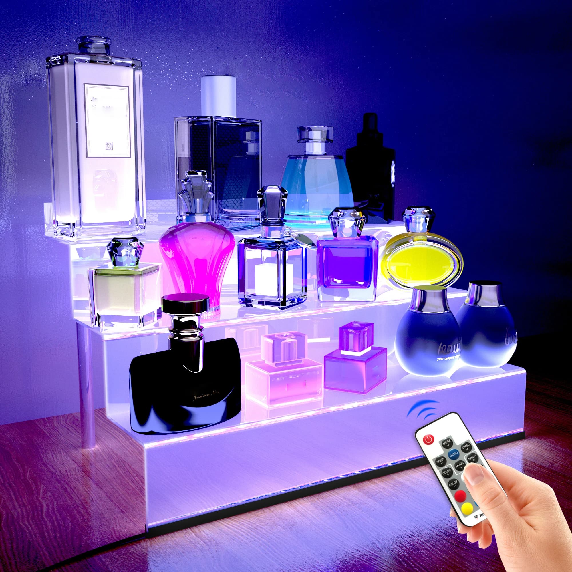 Présentoir en acrylique avec lumières LED, support de parfum pour vernis à ongles à 3 niveaux et sup