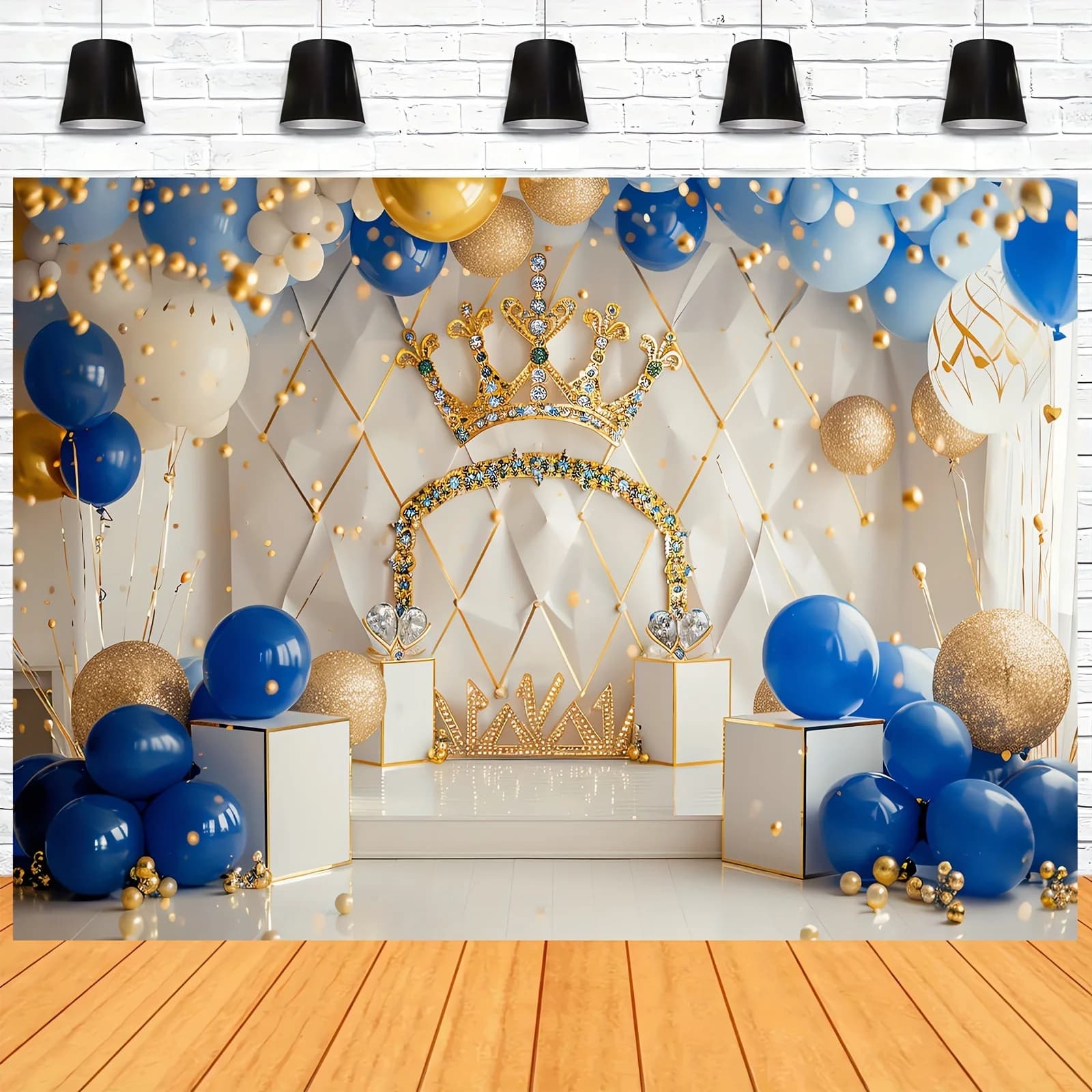 Bannière en polyester pour décoration de gâteau, couronne de roi bleu royal et or, fond de fête, 1er