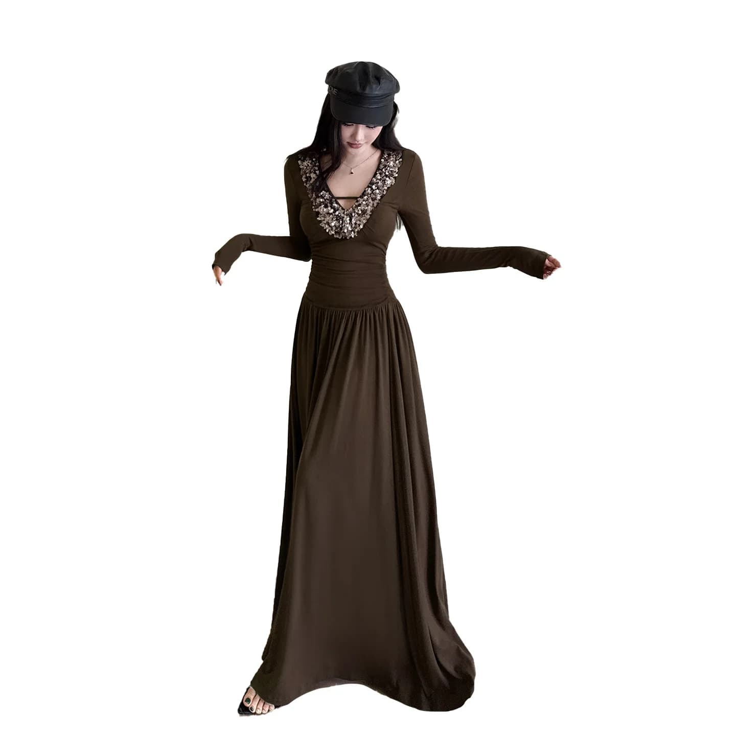 Robe à manches longues et col bas pour femmes, robe trapèze à la taille, Style sœur royale française