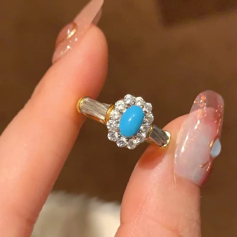Bagues turquoise en diamant incrusté de style couple de luxe léger créatif pour femmes, bague à fleu
