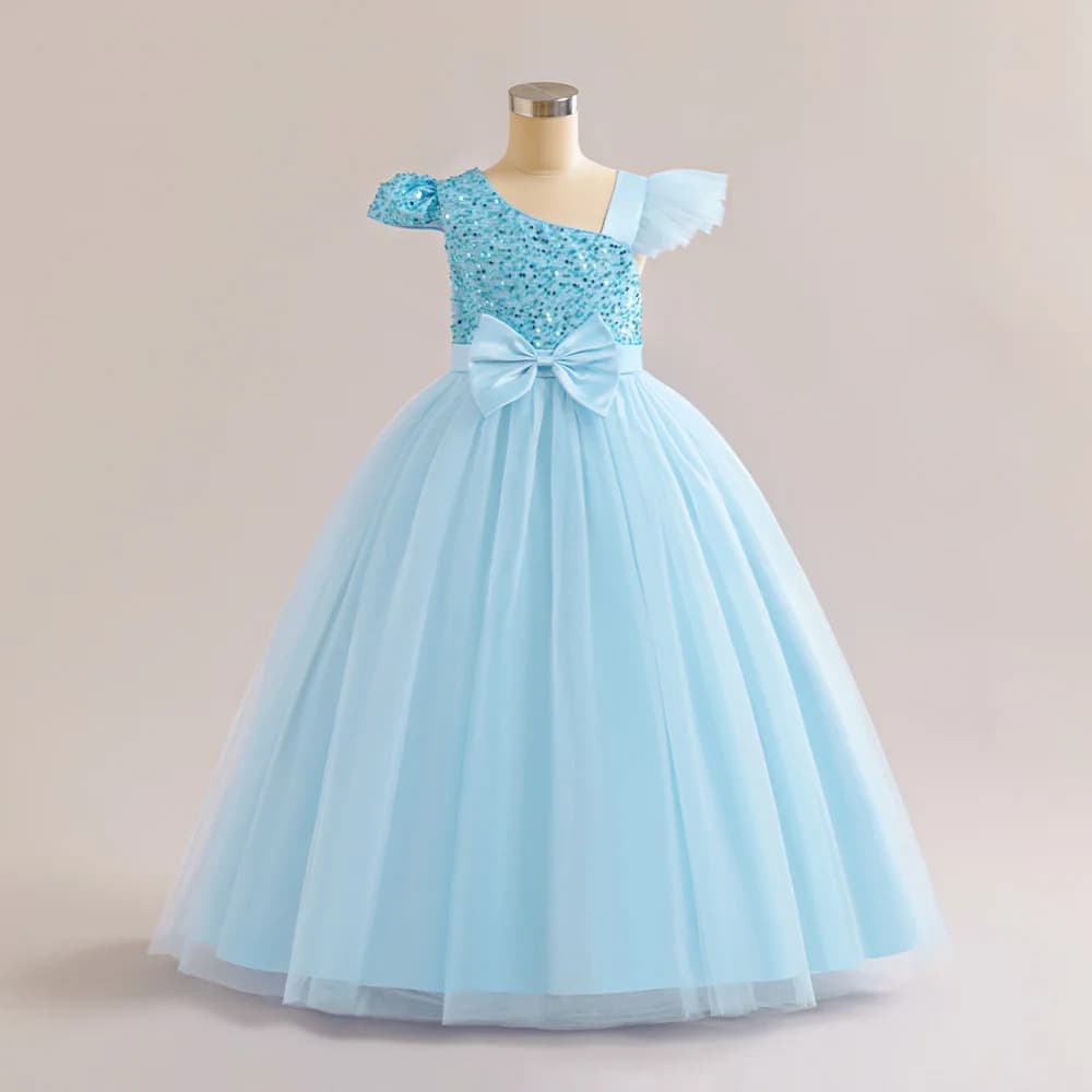 Robes de soirée gonflées pour filles, robe de Rhde gala de mariage pour enfants, nœud à paillettes,