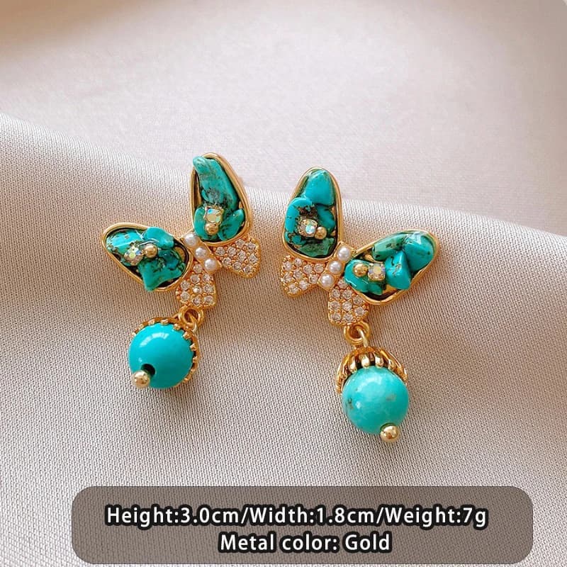 Boucles d'oreilles vintage en forme de papillon turquoise, couleur or, incrustées de zircon, style b