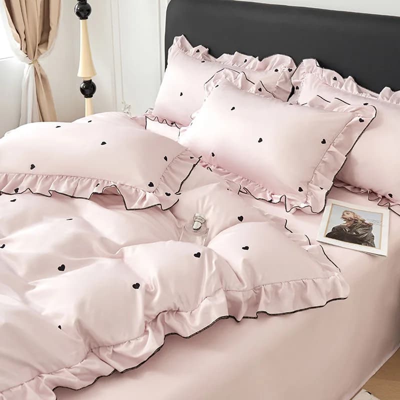 Ensembles de housse de couette en forme de cœur rose coréen pour filles, ensembles de literie à vola