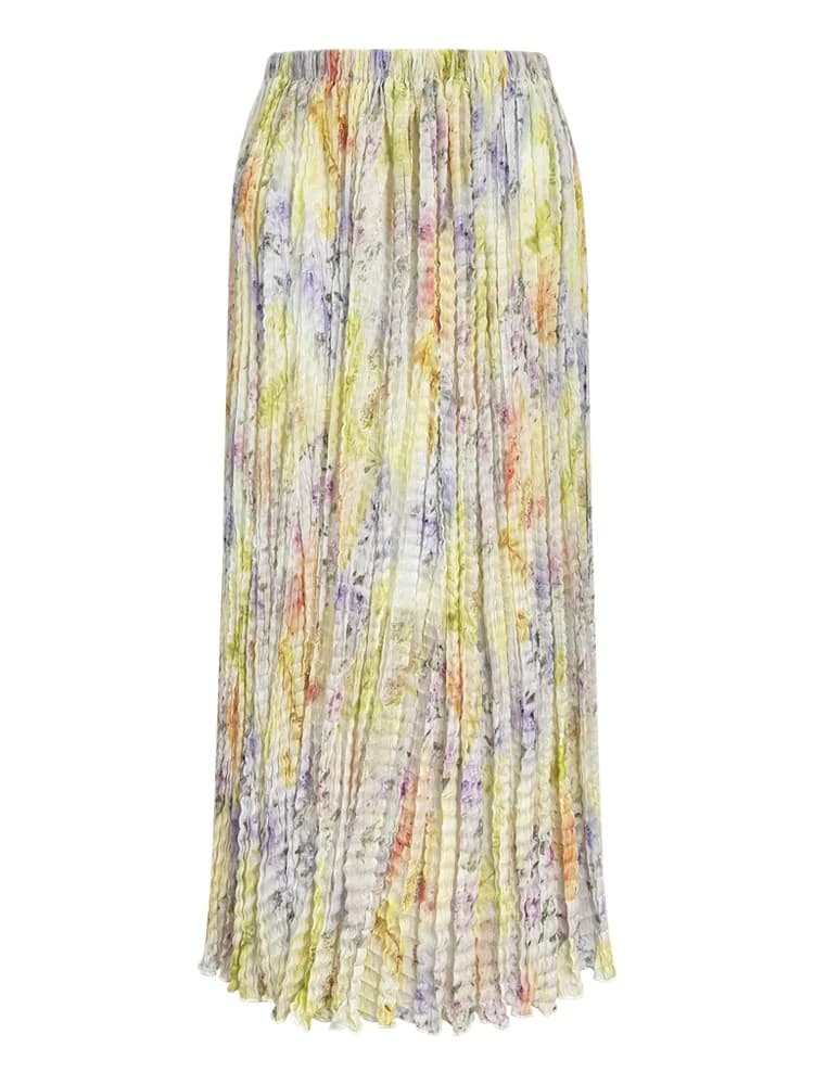 Jupe mi-longue plissée Miyake à motifs floraux aquarelle rêveuse, légère et infroissable, pour femme