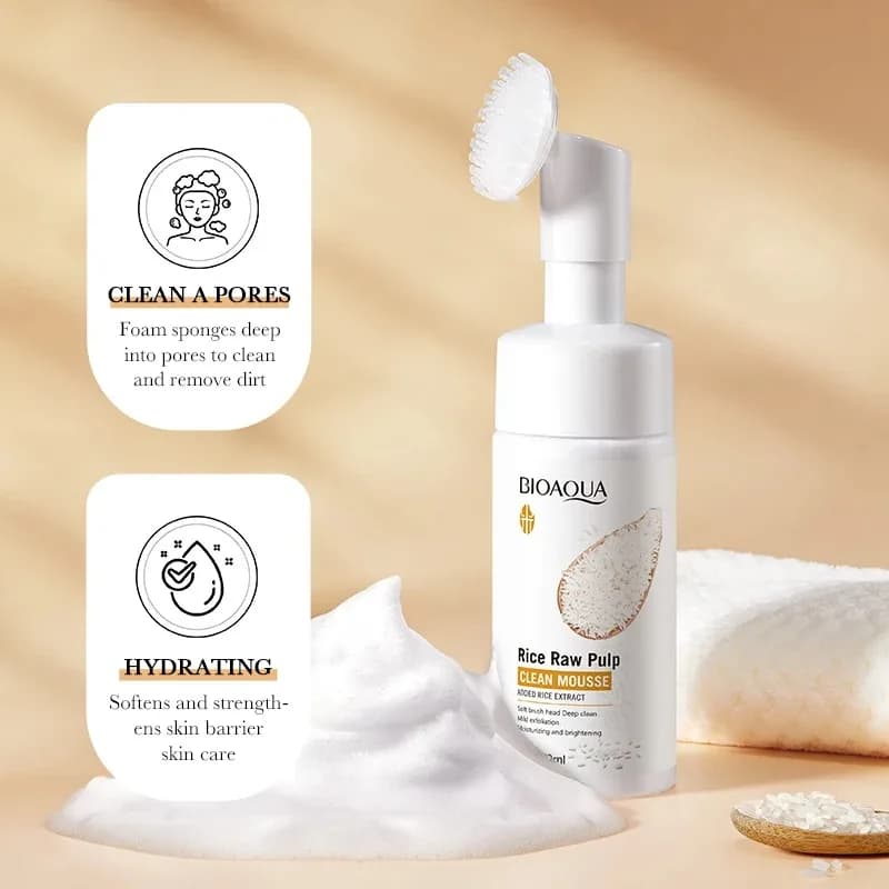 Nettoyant moussant à la purée de riz Bioaoua 120 ml, mousse nettoyante apaisante, mousse nettoyante