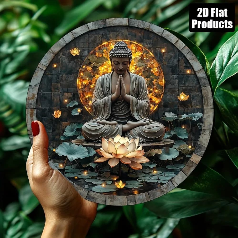 Panneau métallique plat vintage en aluminium de bouddha Zen 2D – Plaque d'art murale ronde avec boud